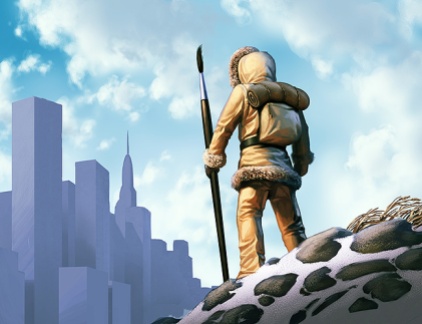 Illustration of neolithic hunter with spear-sized paintbrush, looking towards distant city. Digital artwork by Christopher Johnson.