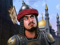 Illustration of a soldier in middle eastern-styled armor. Digital artwork by Christopher Johnson.