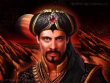 Image of man in decorative middle eastern attire, exotic Mars background. Digital artwork by Christopher Johnson.