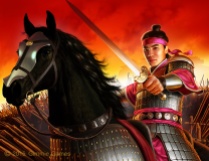 Fantasy art of Chinese Emperor Shun on horseback, sword raised.